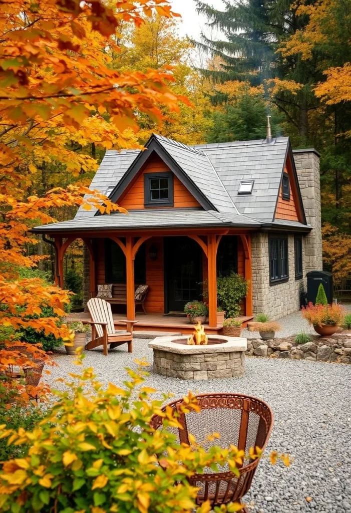 Cozy tiny house with stone accents, a covered porch, and fire pit, perfect for autumn.