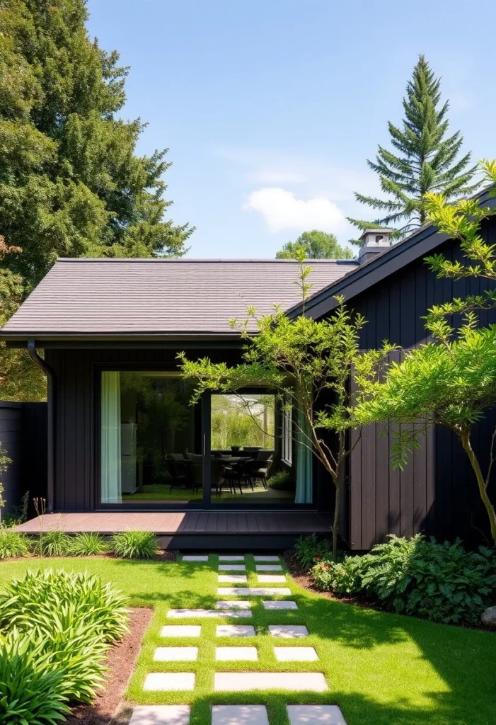 Modern tiny house with dark exterior and large windows, highlighting minimalist design and natural light.