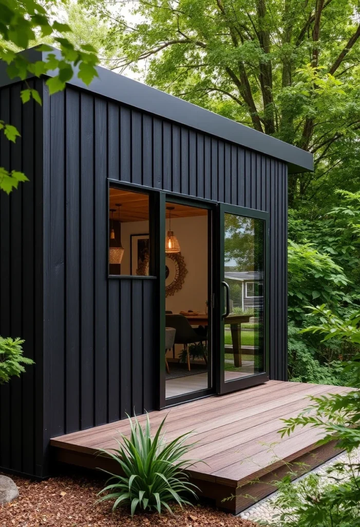 Black tiny house office with sliding glass doors and deck, ideal for a backyard workspace.