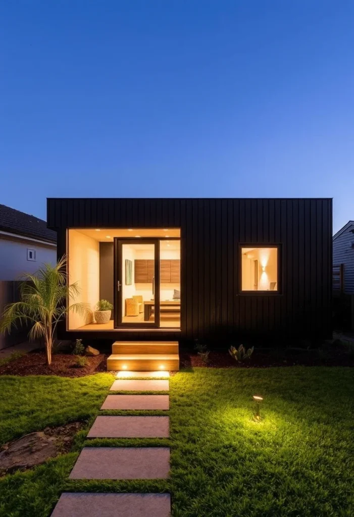 Tiny house at night with glowing interior and path, showcasing minimalist design.