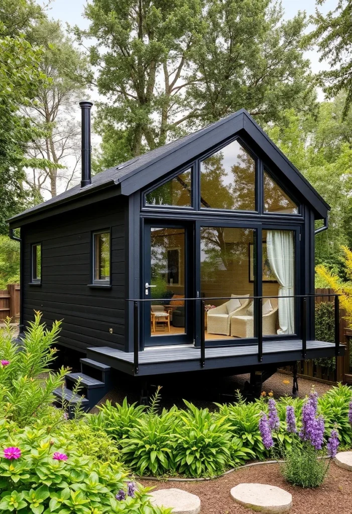 Black tiny house with glass gable end and deck, maximizing views and light.