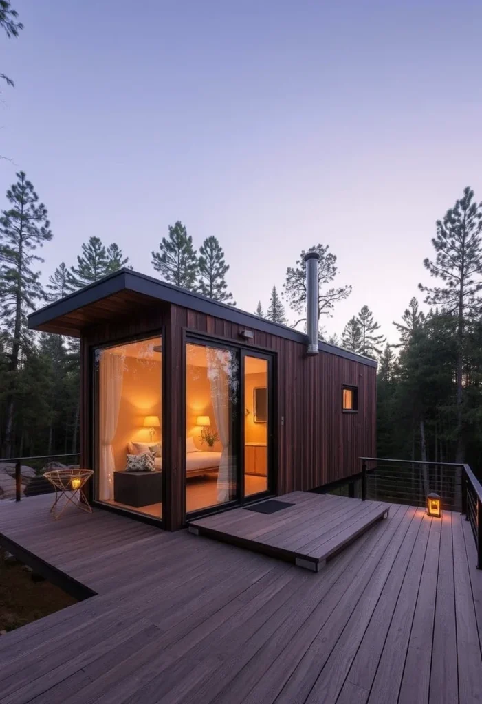 Wood-clad tiny house with large deck and glass doors, creating a warm, inviting retreat.