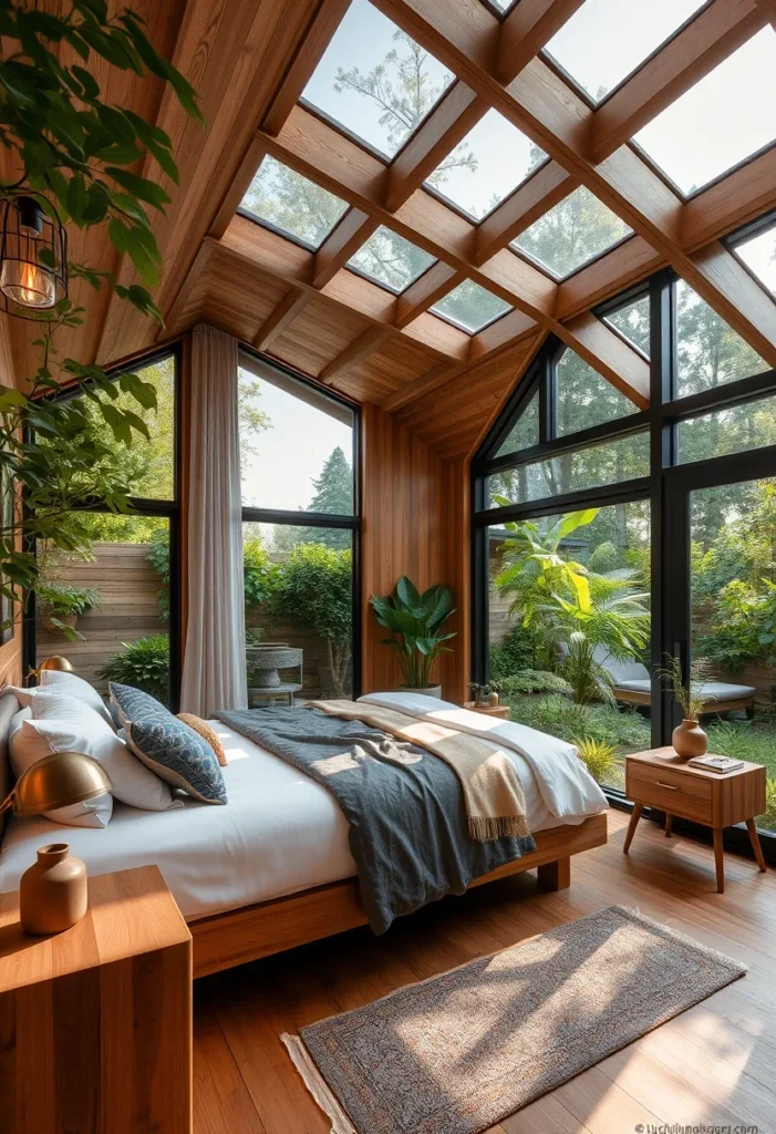 Tiny house bedroom with skylights and large windows, creating a bright and airy sanctuary.