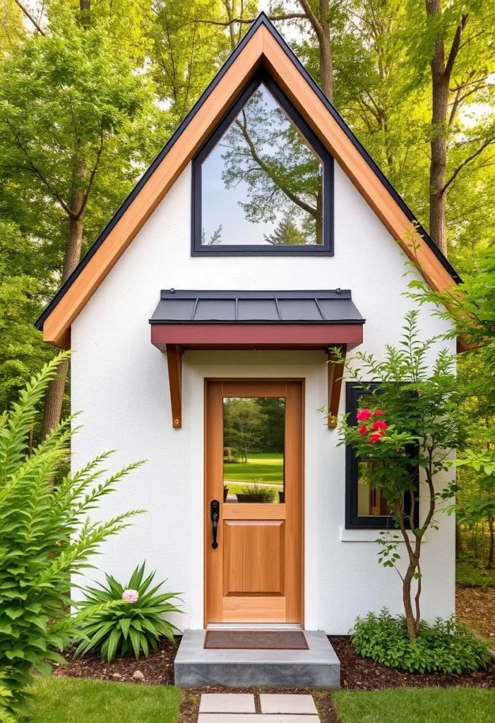 charming A-frame tiny house with natural wood trim and large windows