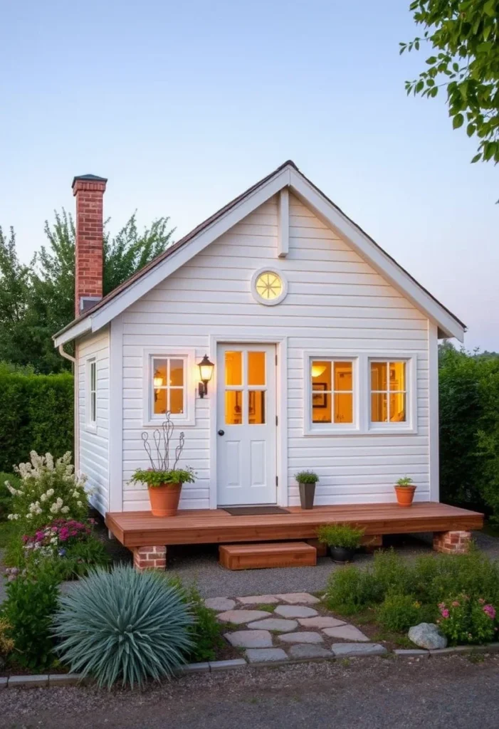 cozy cottage-inspired tiny house with round window and welcoming porch