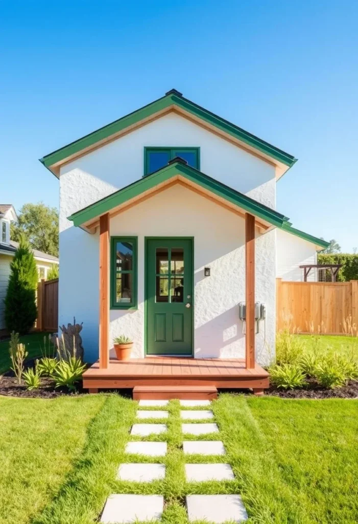 charming tiny house with green door and exterior accents, surrounded by lush greenery - dreamy tiny house designs