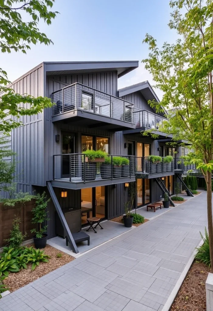 modern sleek tiny house with balconies and greenery, minimalist design, contemporary architecture - dreamy tiny house designs