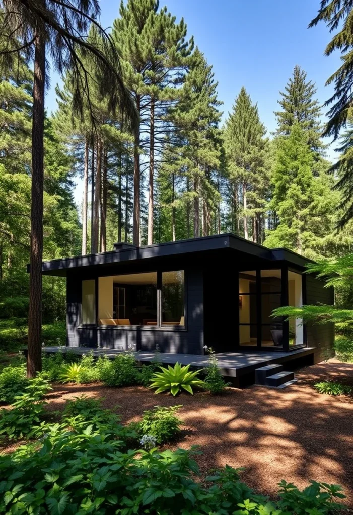 sleek black tiny house surrounded by lush greenery with large windows blending with nature - dreamy tiny house designs