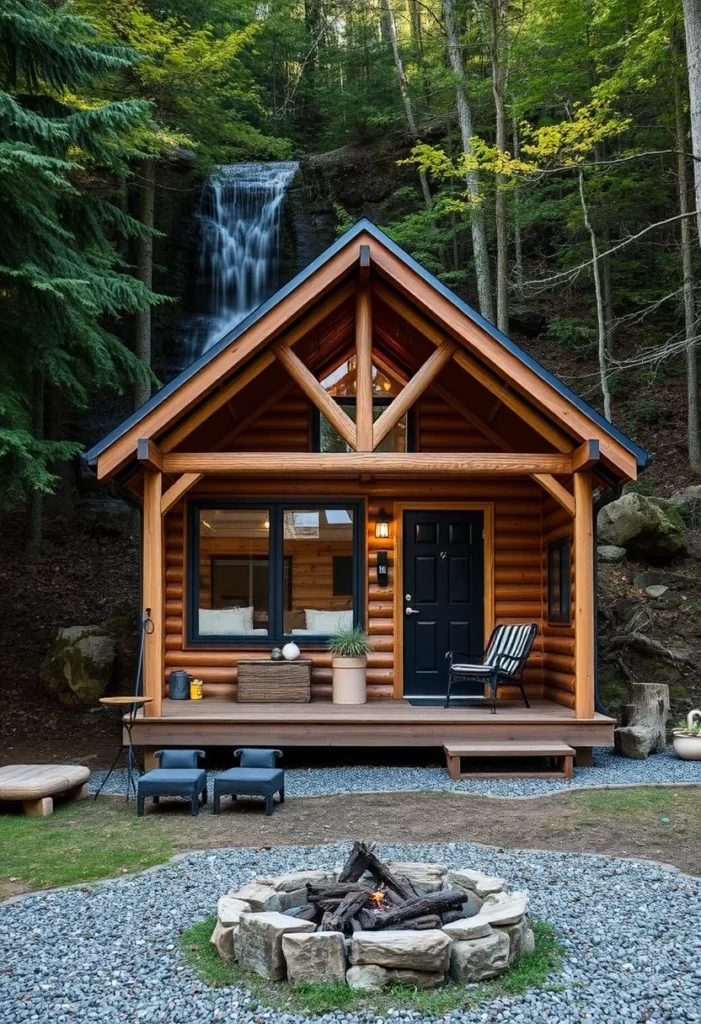 Log cabin tiny house with porch and fire pit, blending rustic and modern design.