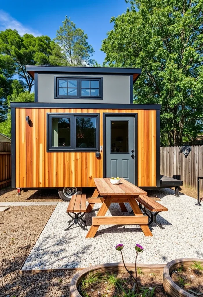 Mobile tiny house with wood siding and picnic table, perfect for on-the-go living.