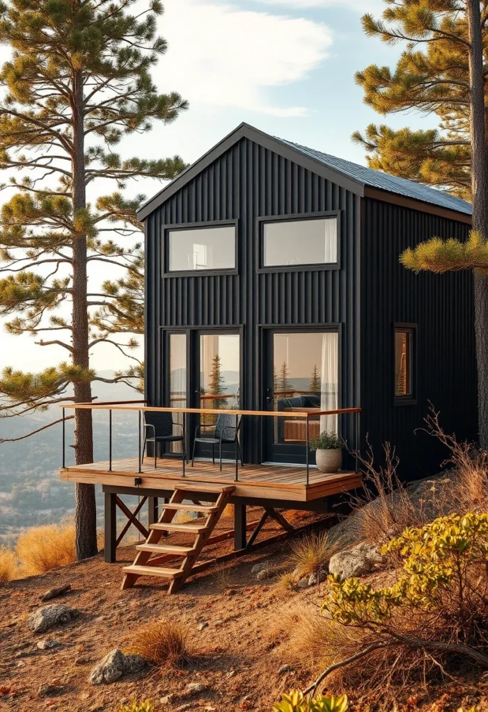 Tiny house with wrap-around deck, showcasing breathtaking elevated views and modern design.