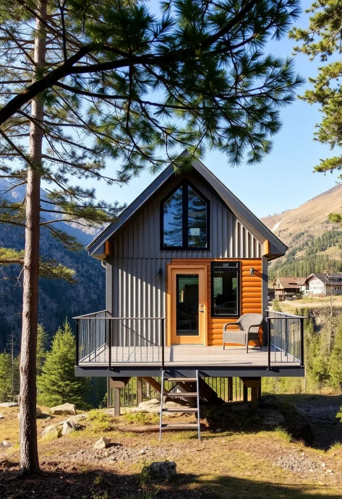 Hillside tiny house with a deck, blending wood and metal siding beautifully.