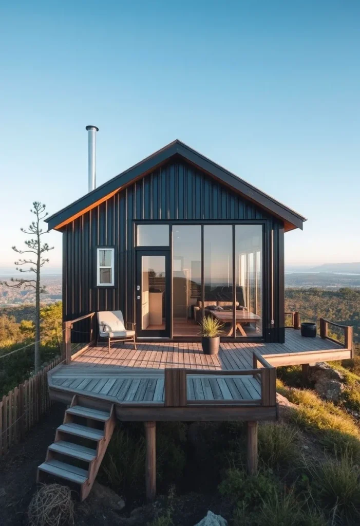 Tiny house featuring an expansive wrap-around deck and large glass doors, enhancing outdoor living.