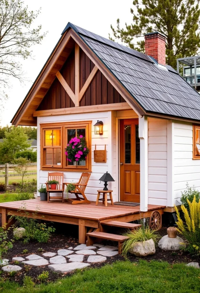 Cottage-style tiny house with porch, wood accents, and charming details, embodying cozy living.