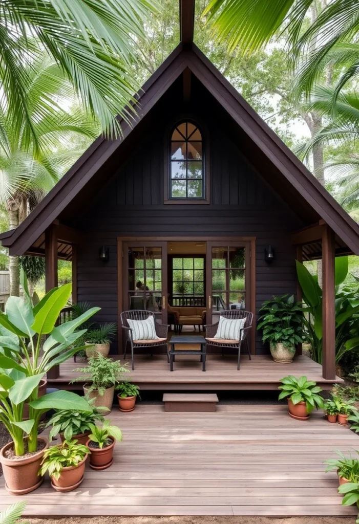 White she-shed tiny house with wood door and charming backyard setting, ideal for relaxation.