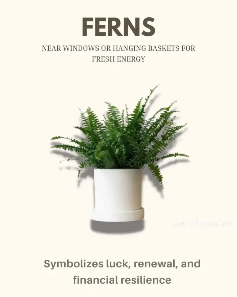 8 Indoor Plants That Bring Money and Good Luck 19 A lush Boston Fern with feathery fronds in a white pot, an indoor plant symbolizing renewal and good fortune.