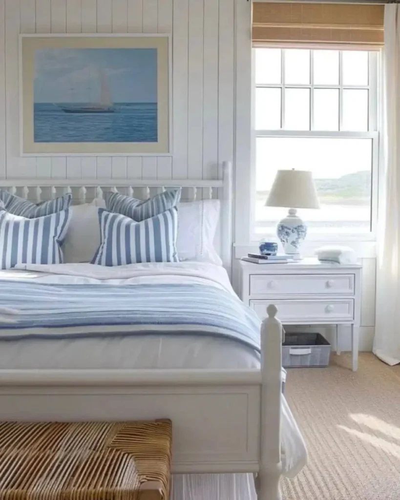 A classic beach themed bedroom with white vertical paneling, a white bed with blue and white striped pillows, and a large window with natural light creating a serene coastal aesthetic.