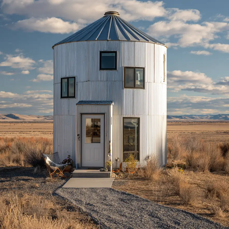 A multi-story grain silo house with its original corrugated metal siding and modern black windows, set in a wide-open landscape.