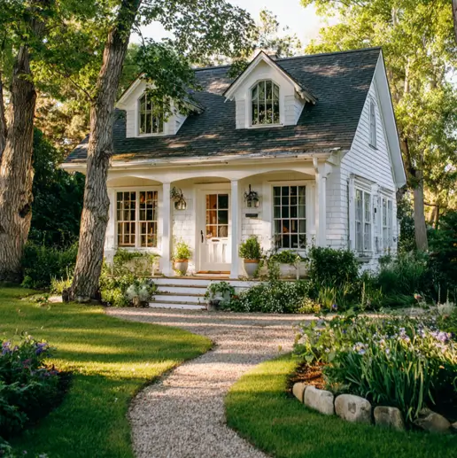 36 Tiny House Design Ideas + An Expert Interior Guide for 2025 4 A charming tiny home exterior with white siding, a dark roof, and lush green landscaping.