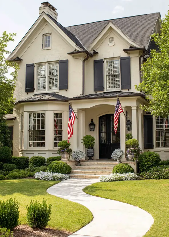 An elegant cream and black house exterior with cream-painted brick, prominent black shutters, and a black front door, framed by lush green landscaping.