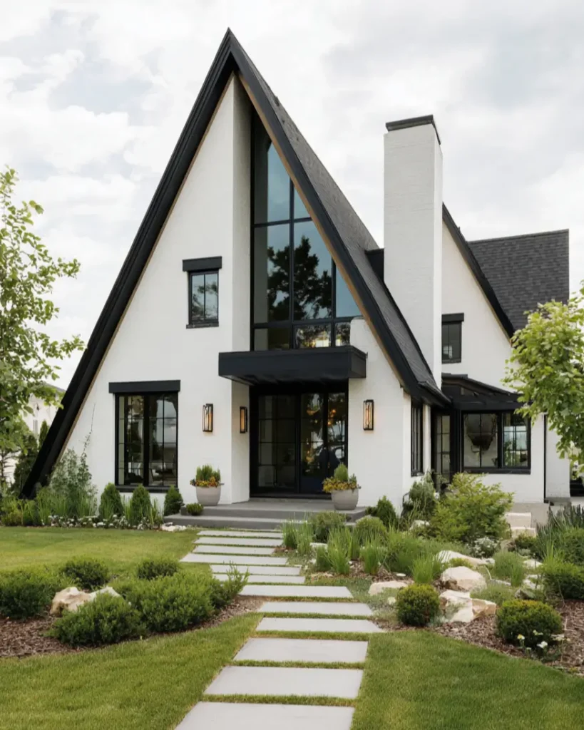 A modern a frame home with a white brick exterior, black trim, and a large central window, set against a manicured lawn.