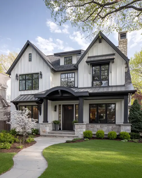 36 Modern Cottage Exterior Ideas to Achieve Timeless Curb Appeal 4 A two-story modern cottage with white vertical siding, black-trimmed gables, and a stone porch foundation with thick columns.