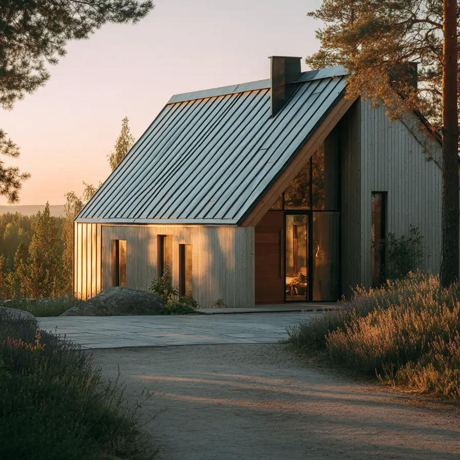 A modern Scandinavian house exterior with light wood siding and a metal roof nestled among pine trees at sunset.