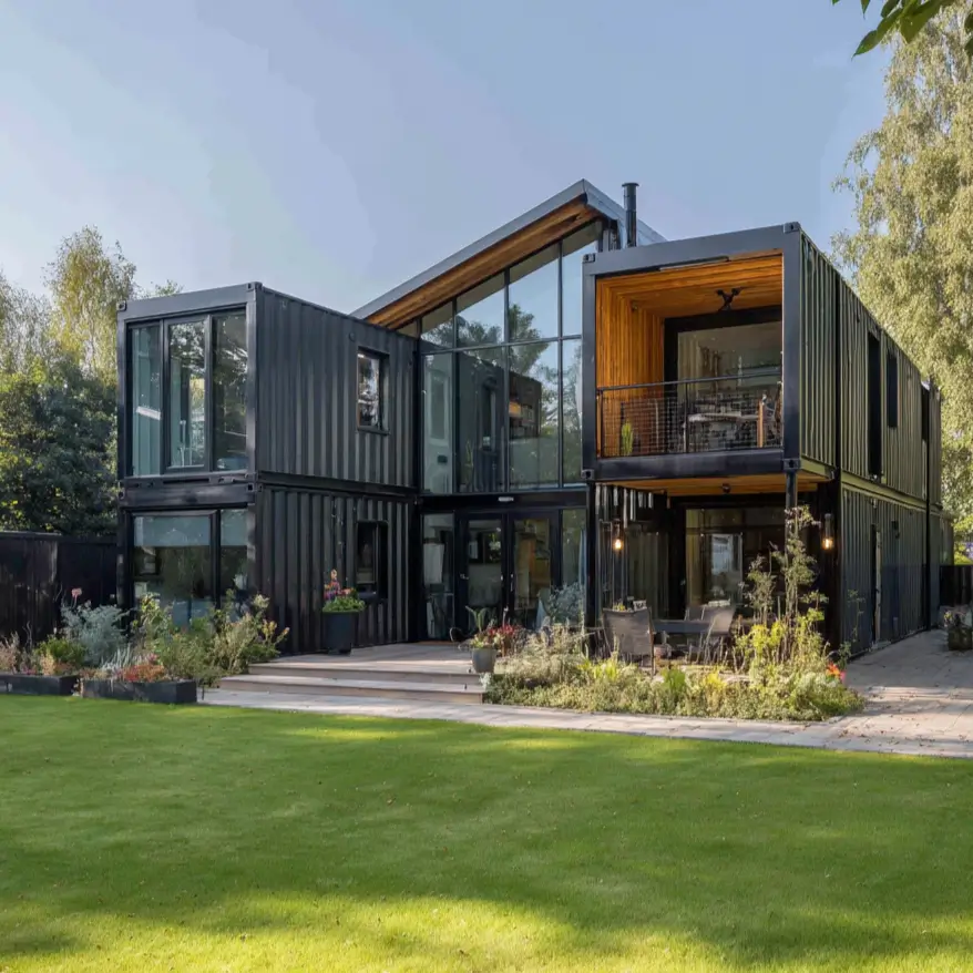 A two-story modern home built from black shipping containers, featuring a central glass atrium and a second-floor balcony with a wood ceiling, set against a lush green lawn.