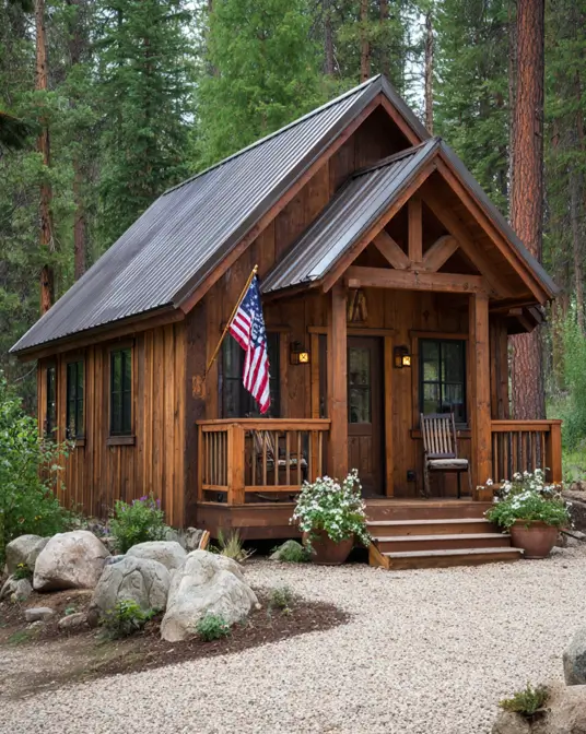 55 Tiny Cabin Ideas: The Ultimate Guide to Exterior & Interior Design 3 A classic tiny cabin idea featuring dark wood siding and a welcoming covered front porch with an American flag, nestled among towering pine trees.