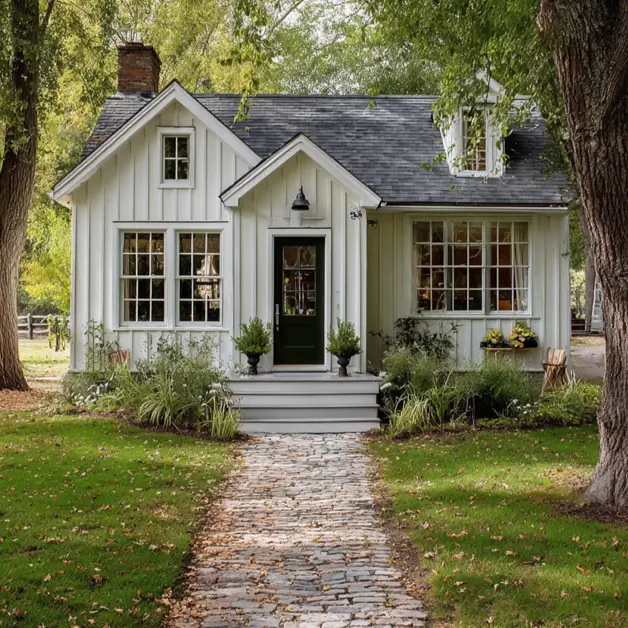 A small white cottage with vertical siding and a dark front door, showcasing a classic exterior design idea for a small house.