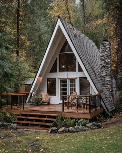Tiny A-Frame Cabins: 31 Inspiring Ideas for Your Dream Retreat 4 A welcoming tiny a frame cabin with a white exterior, stone chimney, and large wooden deck in a forest.