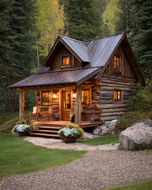 A classic tiny log cabin with a warmly lit covered porch nestled among tall evergreen and aspen trees at dusk.