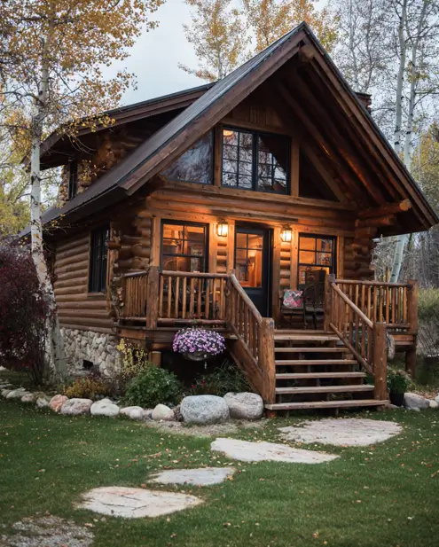 A two-story A-frame tiny log cabin with large windows, glowing warmly at dusk during autumn.