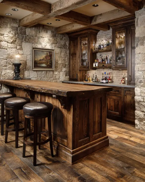 A sophisticated bar log cabin with stone walls, a coffered wood beam ceiling, and a traditional paneled wooden bar.