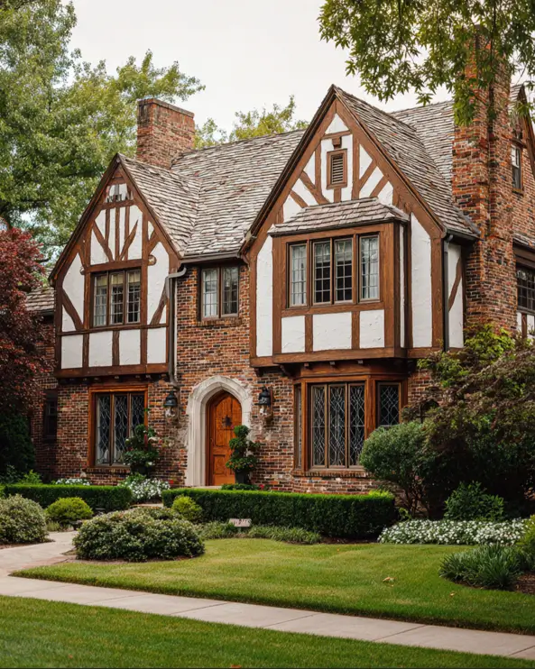 Large brick Tudor-style house with brown timbering and a textured, multi-tonal slate roof.