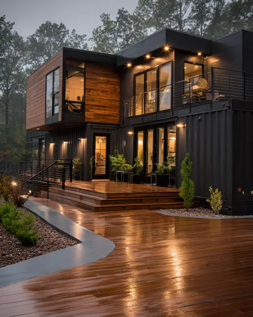 A modern two-story black shipping container home with a warm wood-clad section, featuring an expansive, wet wooden deck reflecting the home's lights at dusk.