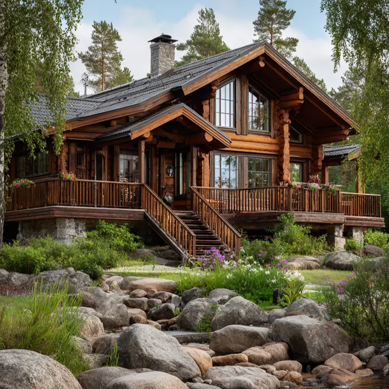 A two-story log cabin house style set on a rocky shoreline with large boulders leading down to the water.