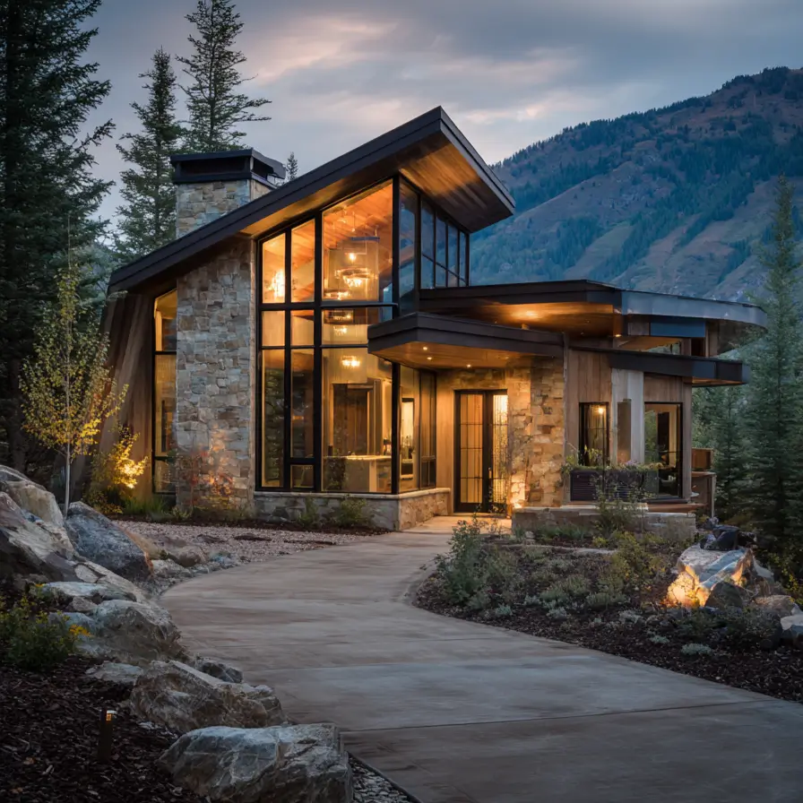 Illuminated modern mountain home at dusk, featuring glass walls, a stone facade, and a curving driveway.