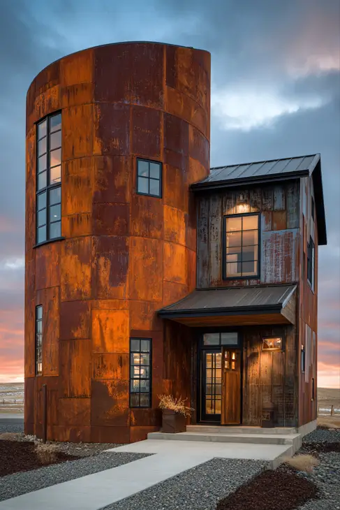 A dramatic rusted steel grain silo house with modern windows, its patchwork exterior glowing warmly against a colorful sunset.