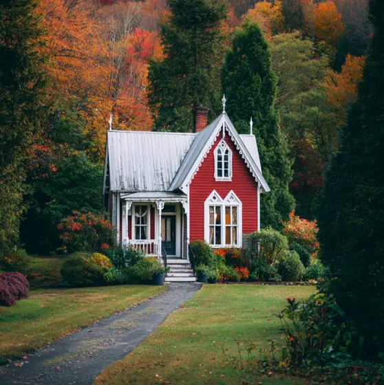 36 Tiny House Design Ideas + An Expert Interior Guide for 2025 13 Red Gothic Revival tiny house with white trim set against autumn foliage.