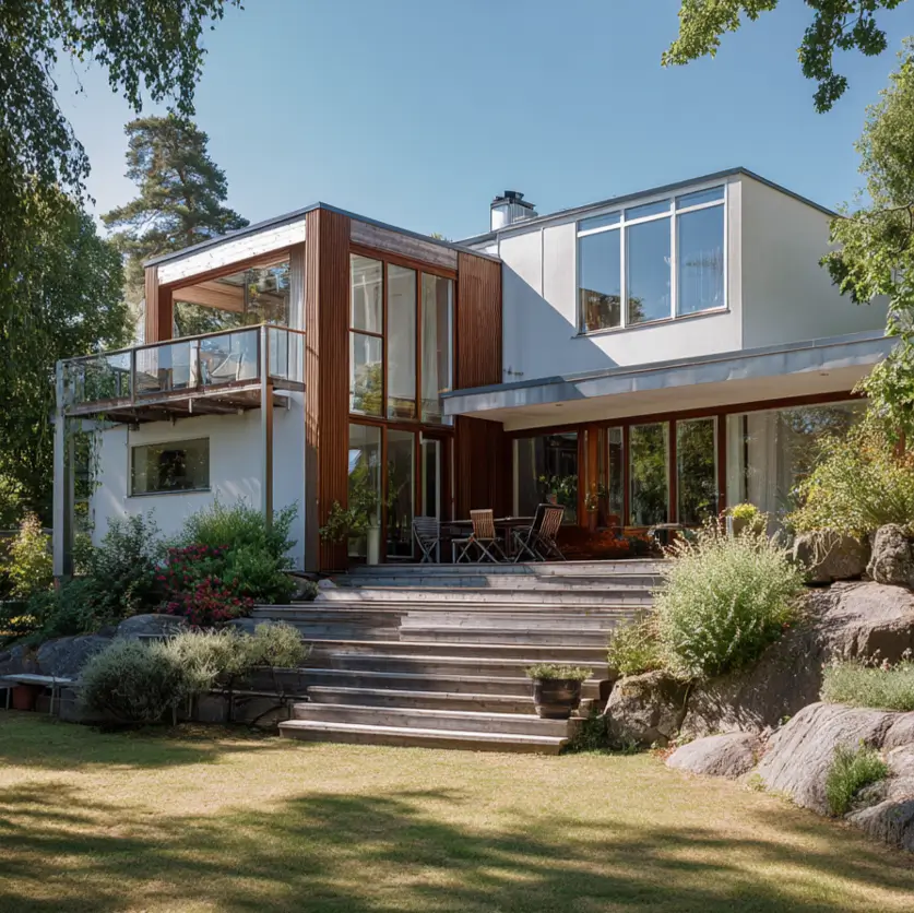 A multi-level Scandinavian style home exterior built into a grassy slope, with a combination of white and wood finishes.