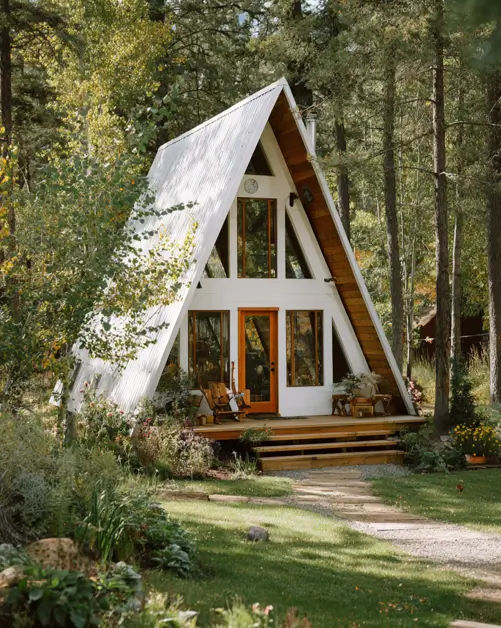 Tiny A-Frame Cabins: 31 Inspiring Ideas for Your Dream Retreat 13 A modern small a-frame house with a bright white roof and natural wood trim in a wooded clearing.