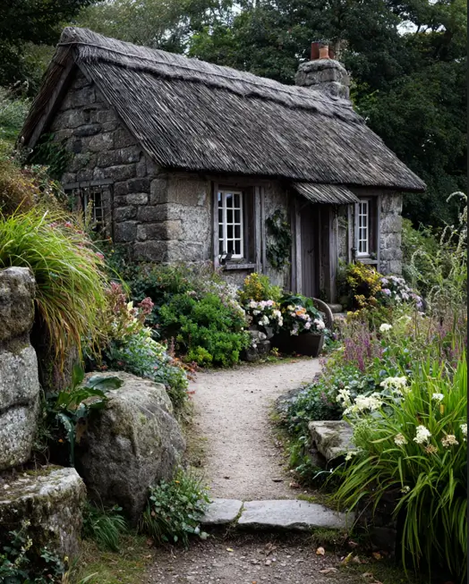 A simple and rustic stone english cottage with a compact design, showcasing the beauty of its minimalist form in a wild, natural garden setting.