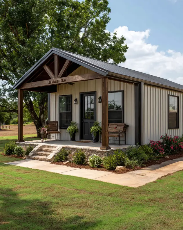 A tiny barndominium with cream metal siding and a prominent wooden timber-framed front porch on a sunny day.