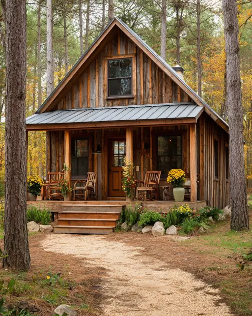 55 Tiny Cabin Ideas: The Ultimate Guide to Exterior & Interior Design 12 A rugged small cabin design idea with thick, unmilled logs used as sturdy porch supports, surrounded by pine and autumn trees.