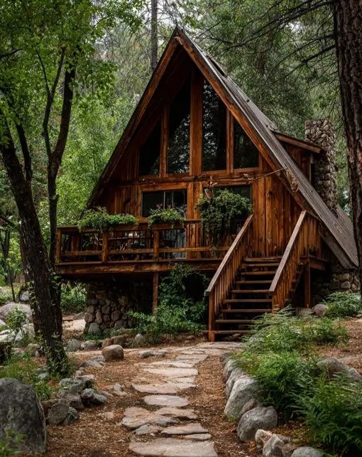 55 Tiny Cabin Ideas: The Ultimate Guide to Exterior & Interior Design 13 A classic A-frame tiny cabin idea with a dramatic wall of windows and a wooden balcony, resting on a rustic river stone foundation.