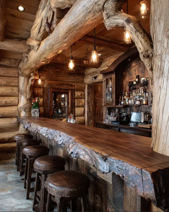 An artistic bar log cabin with sculptural, curved log beams, a rough-hewn bar front, and vintage-style pendant lights.