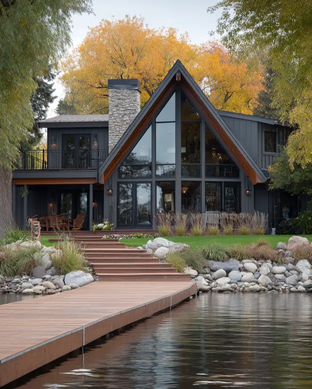 A contemporary a frame house on a lake with a wooden dock leading to its entrance, featuring dark siding and a stone chimney.