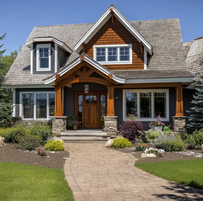 Contemporary craftsman house featuring a striking contrast of dark gray siding and a prominent cedar shake gable over a timber-framed entry.