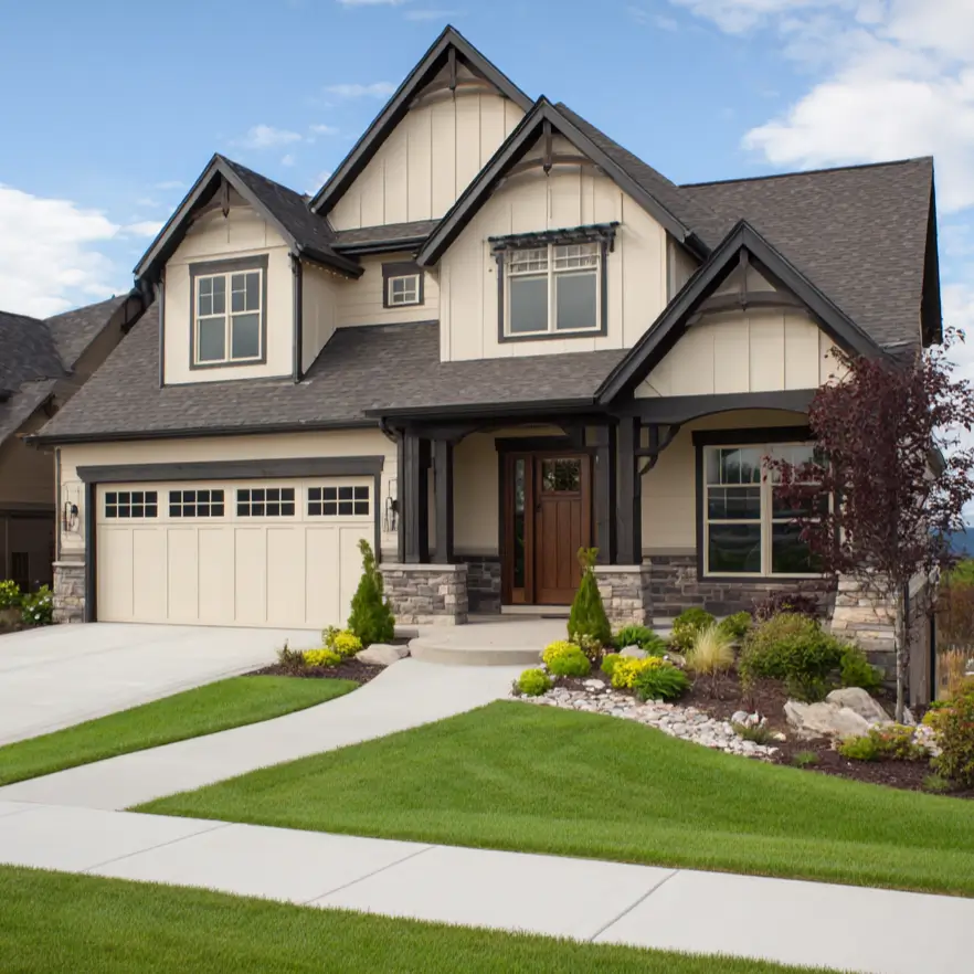 A modern Craftsman cream and black house exterior with cream siding, bold black timber-frame details, and a matching cream garage door.